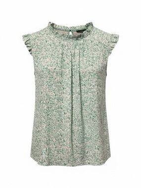 Adrianna Papell Green Floral Ruffle Sleeve Blouse Pleated Front Medium